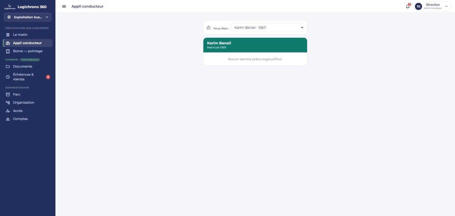 Application conducteur : service du jour, pointage, contrôle avant départ